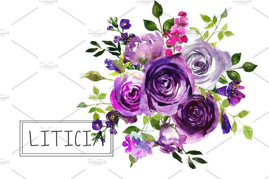 紫罗兰水彩剪贴画 Purple Violet Flowers