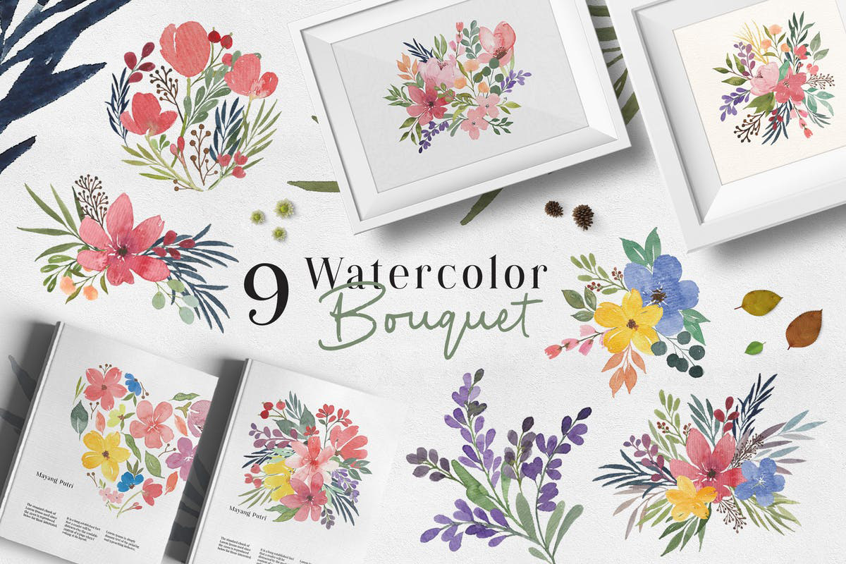 婚礼水彩花束图案 Ofi 9 Watercolor Bouq