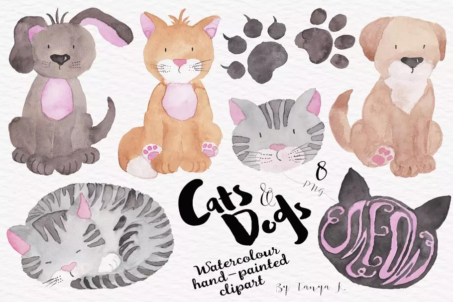 猫 狗水彩艺术卡通化剪贴画 Cats and Dogs Wa