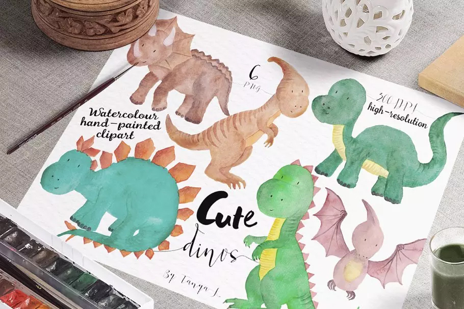 可爱的恐龙水彩剪贴画 Dinosaur Watercolou