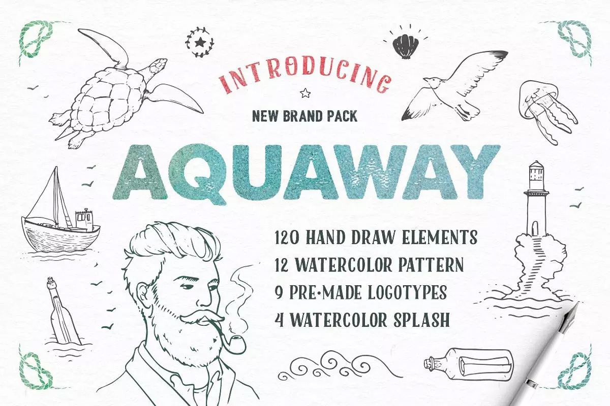 海洋主题水彩矢量插图 AquaWay — watercolo