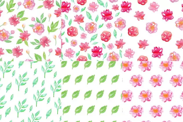 水彩花卉 叶子无缝图案 Watercolor Flowers