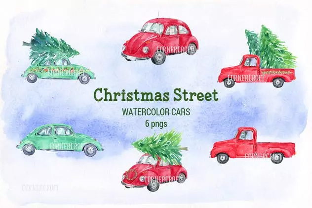 圣诞街道水彩剪贴画 Watercolor Christma