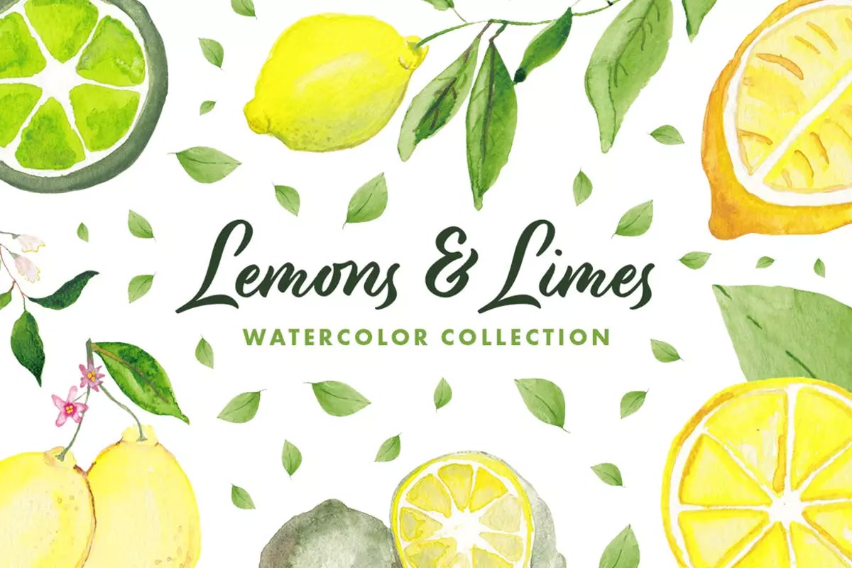 柠檬 酸橙手绘水彩插画 Lemons & Limes