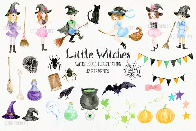 小女巫水彩元素设计套装 Little Witches Des