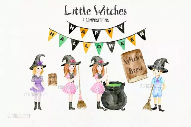 小女巫水彩元素设计套装 Little Witches Des