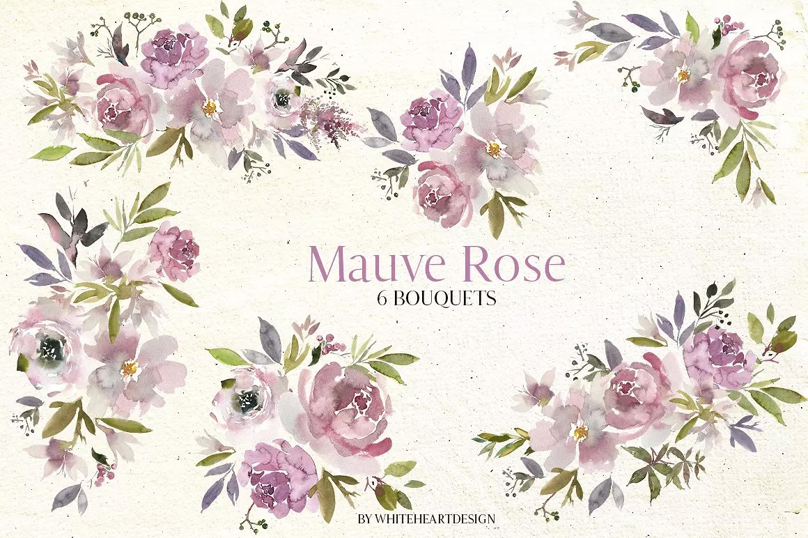 淡紫色玫瑰水彩花卉剪贴画 Mauve Rose Waterc