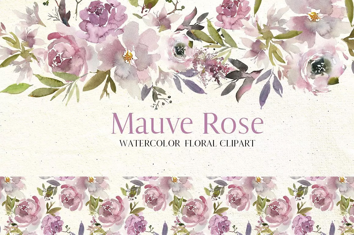 淡紫色玫瑰水彩花卉剪贴画 Mauve Rose Waterc