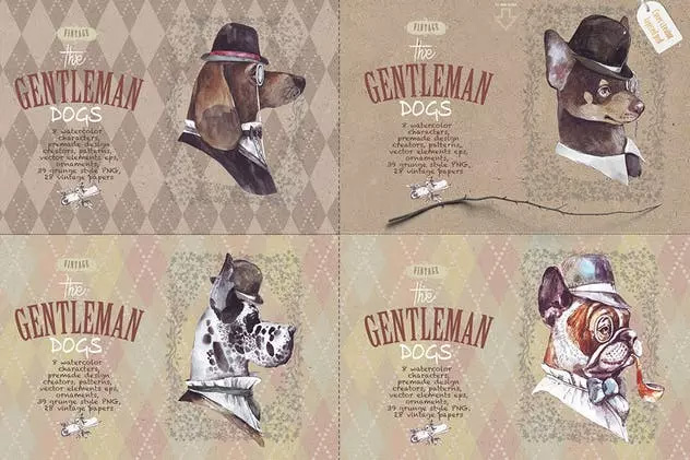 复古手绘水彩小狗插画 GENTLEMAN DOGS SET