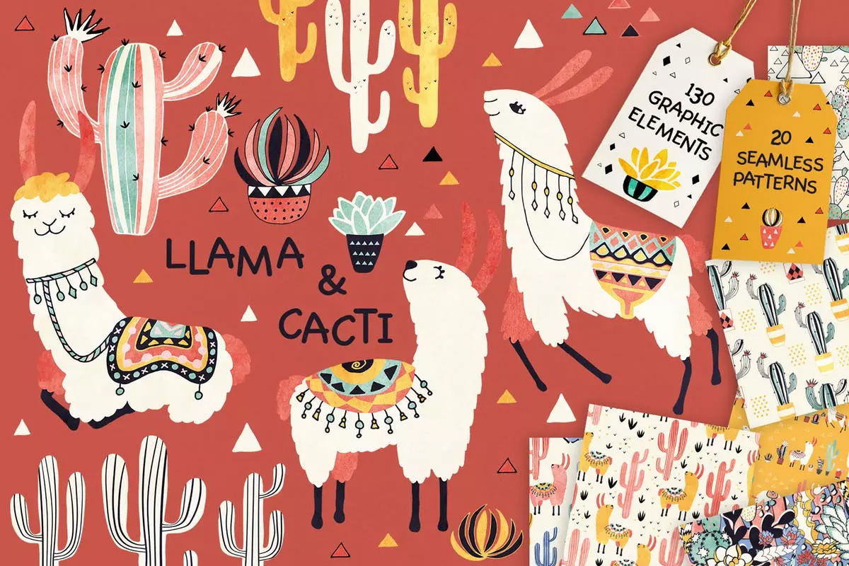 美洲驼和仙人掌水彩剪贴画 纹理 Llamas and Cac