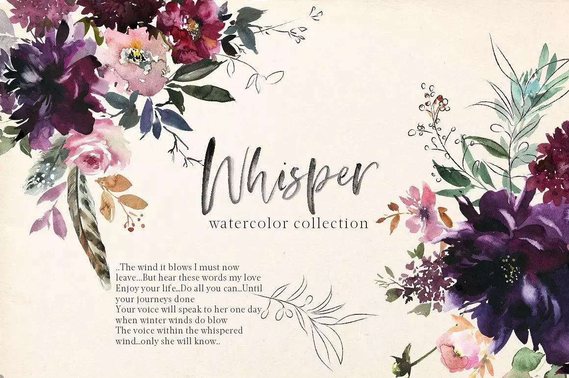 浪漫暗色调水彩花卉剪贴画 Whisper Watercolo