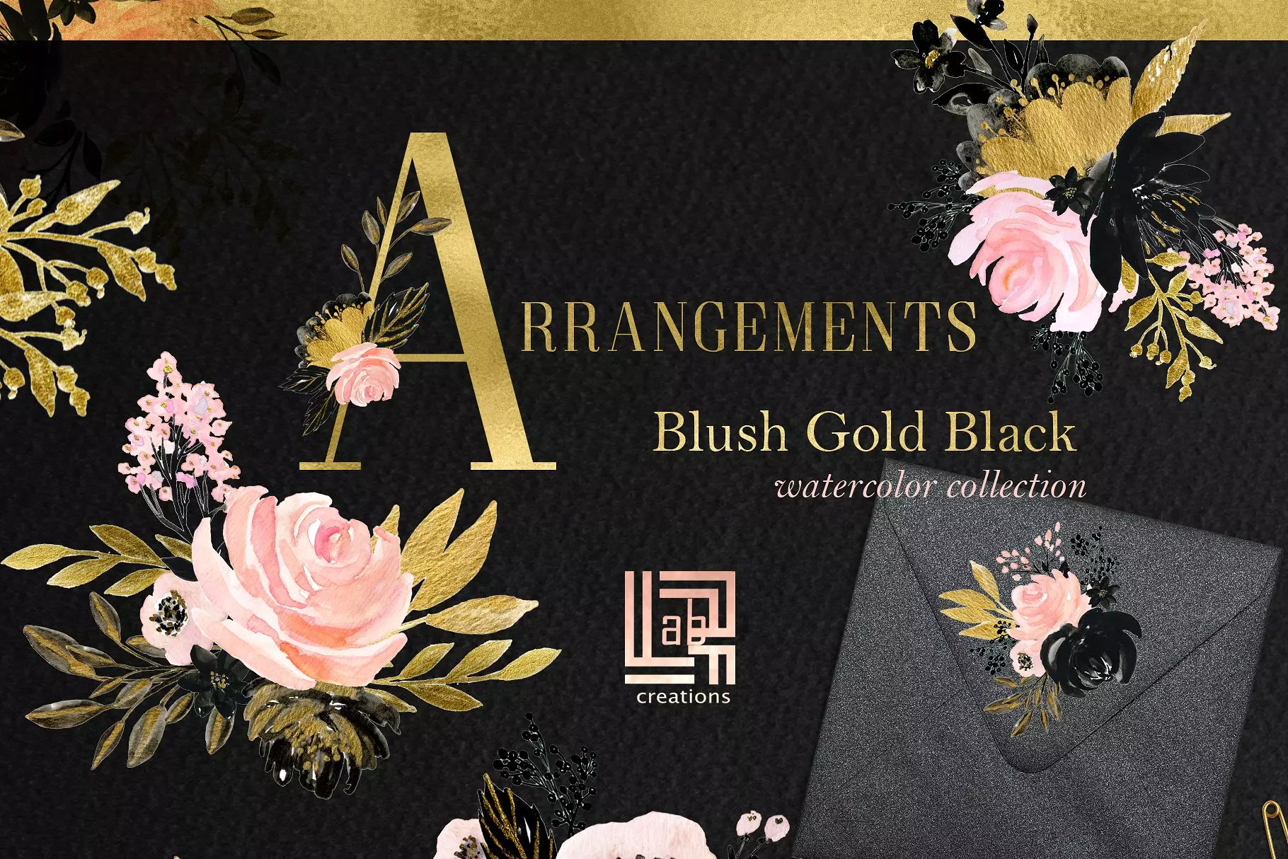 胭脂黑金水彩花卉剪贴画 Blush Gold Black.