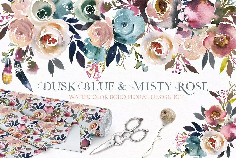 暗蓝色&薄雾玫瑰波希米亚式水彩花卉 Dusk Blu