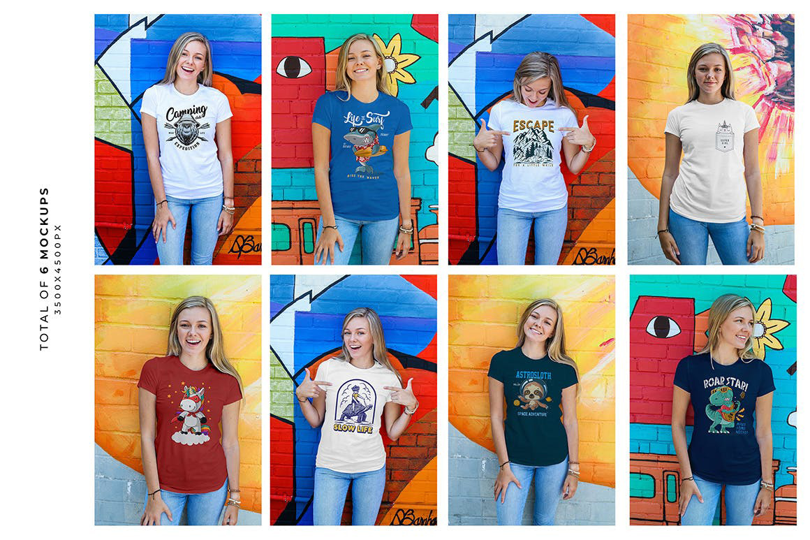 8个城市背景的彩色女性t恤模板 Women Urban T-