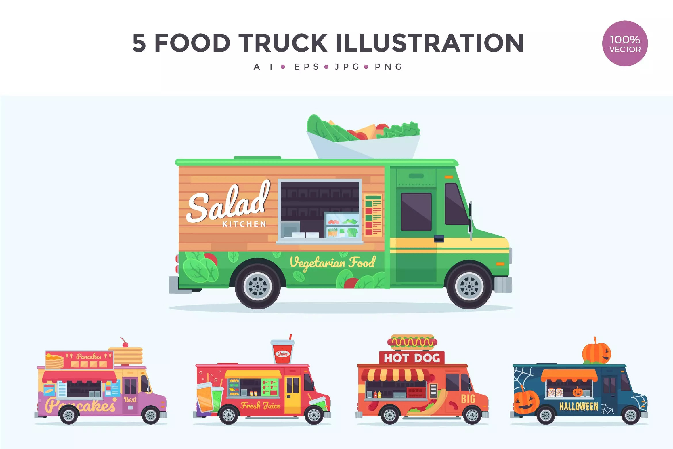 5款快餐车矢量插画设计素材 5 Food Truck Vec