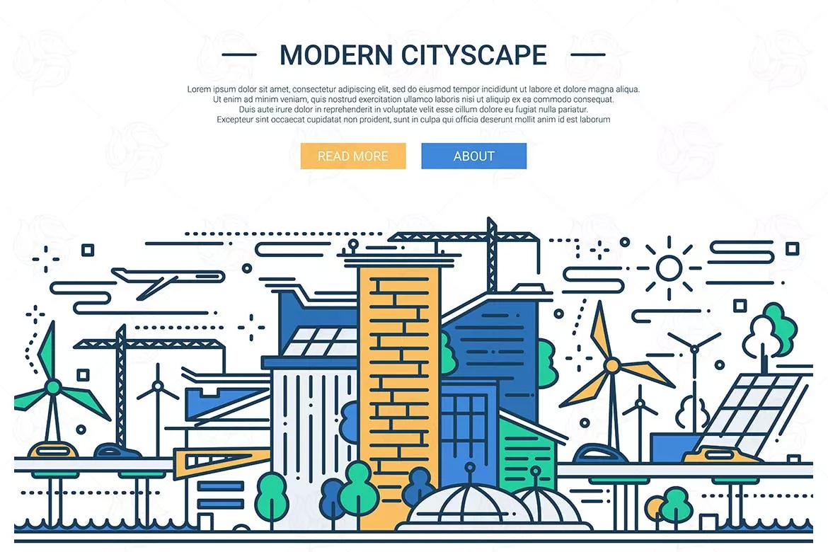 现代城市景观主题线性设计风格矢量插画
