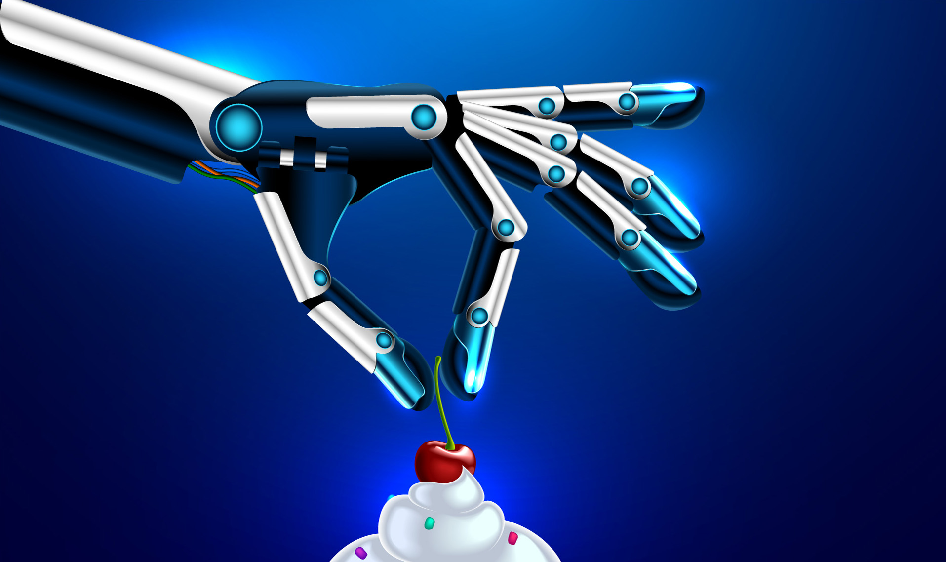未来3D立体科技机械手臂镀铬指尖拿起樱桃蛋糕蓝色背景EPS矢