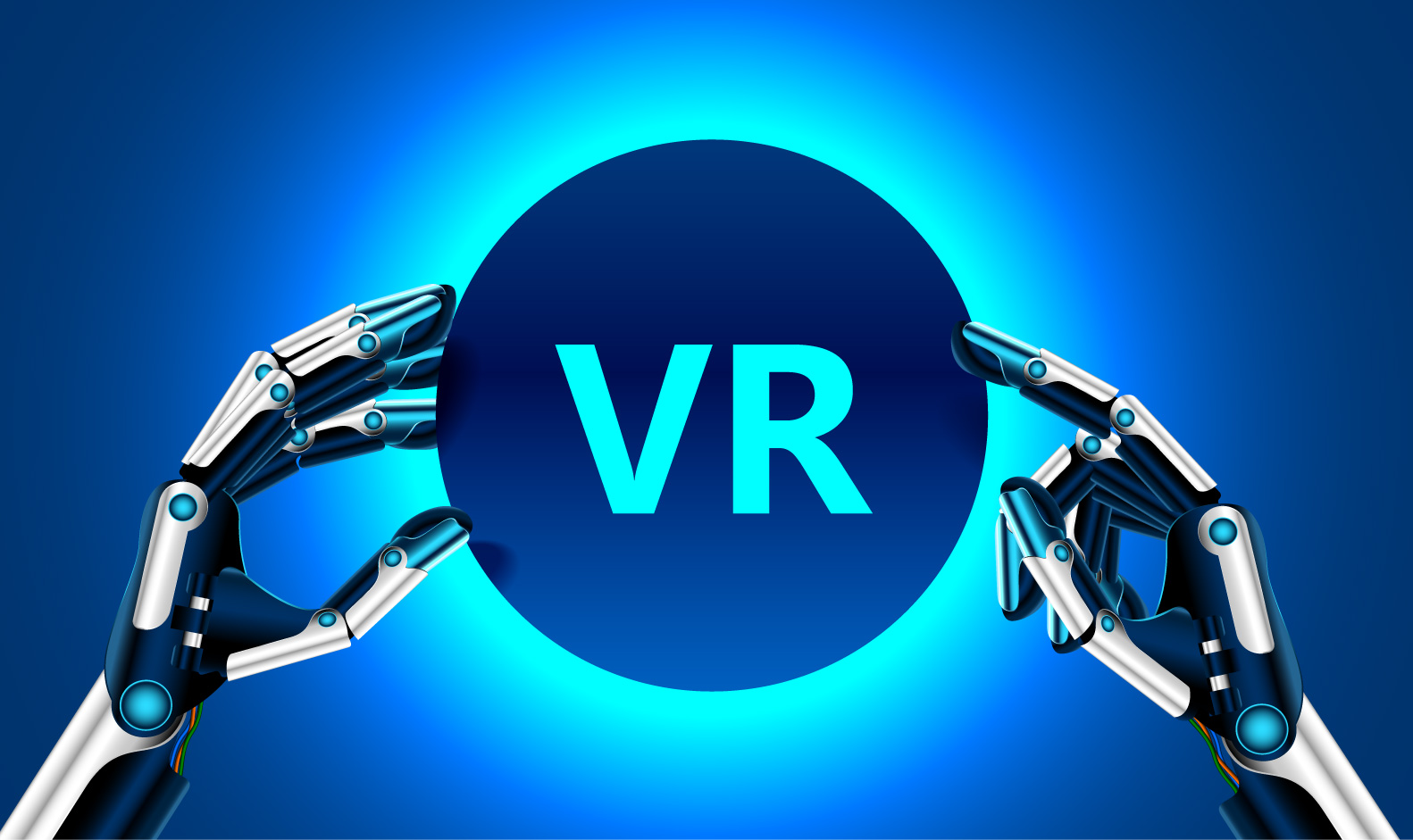 未来3D立体科技机械手臂镀铬指尖VR蓝色背景EPS矢量插画