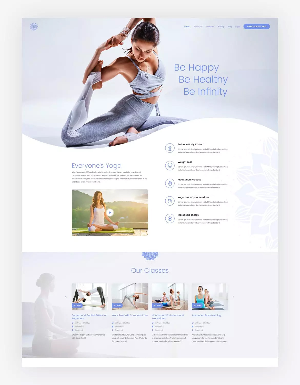 冥想瑜伽班＆舞蹈班网站课程简介页面PSD模板