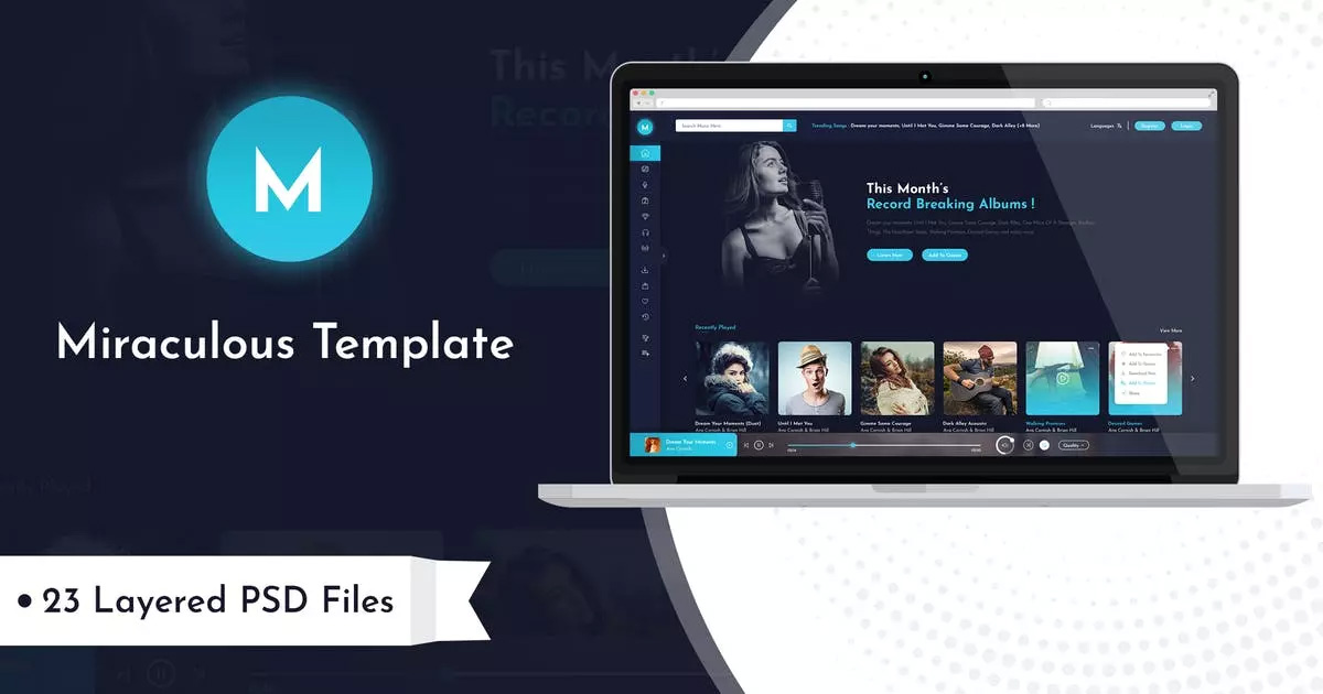 在线音乐商店网站平台设计PSD模板 Miraculous –