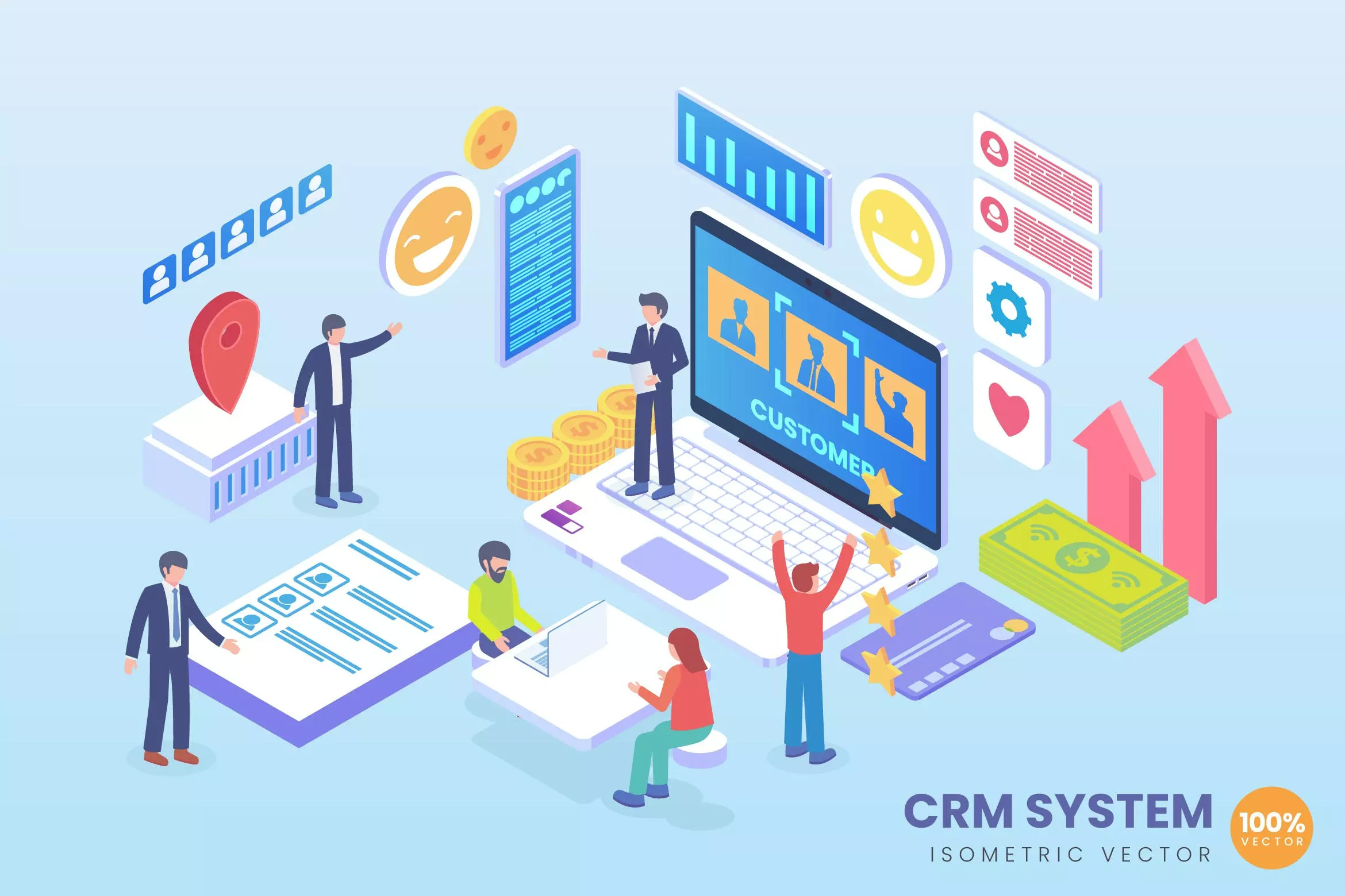 CRM系统主题等距概念插画 Isometric CRM Sy