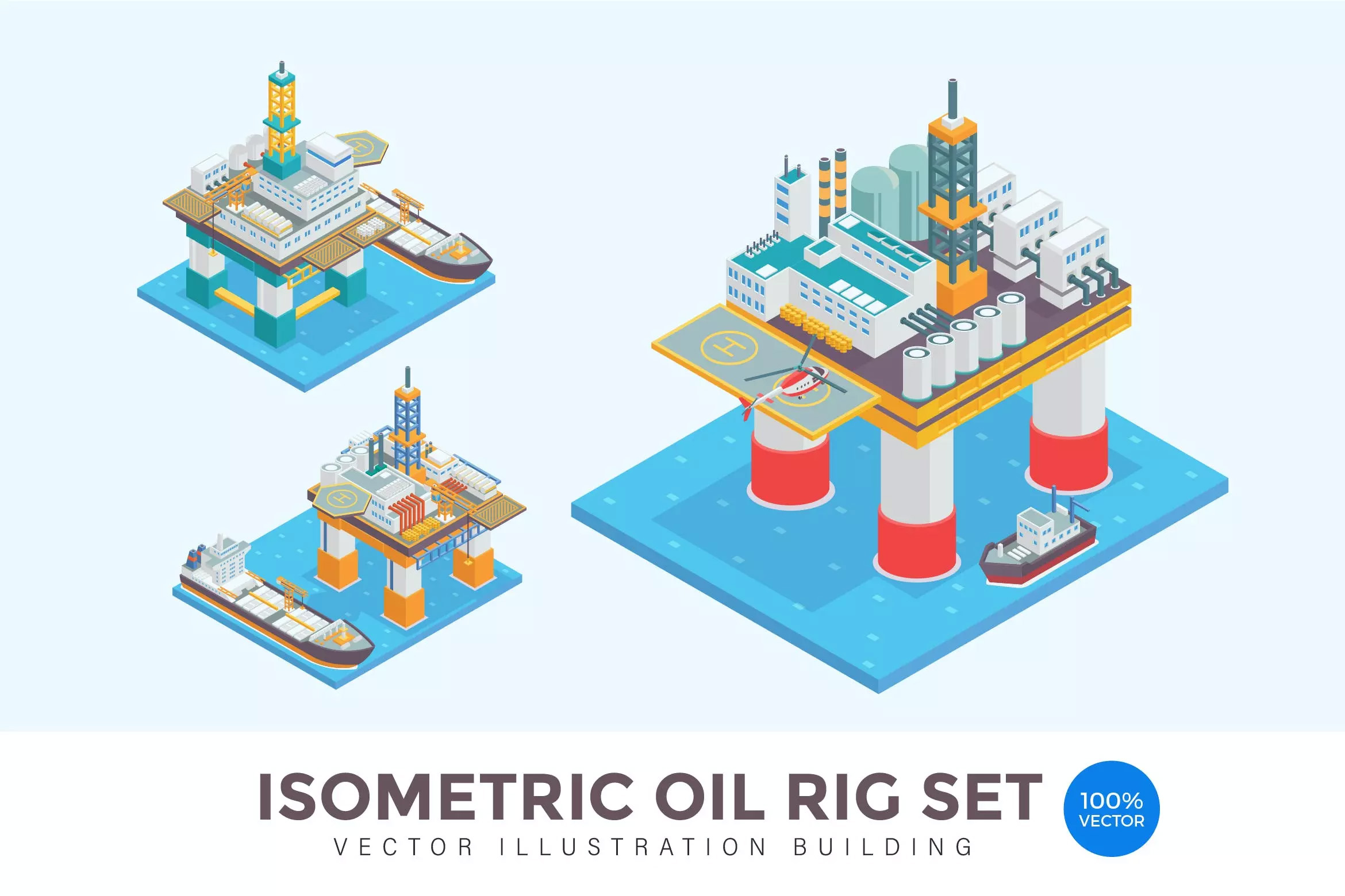 海上石油钻机等距概念插画 Isometric Oil Rig