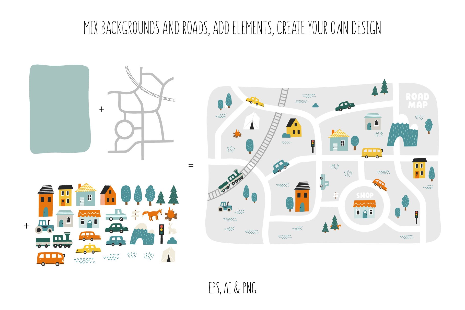 极简主义幼儿园儿童地图创造套装插画素材 Kid's Map