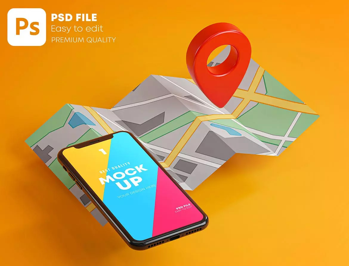 红色GPS标记定位地图元素智能手机样机素材包