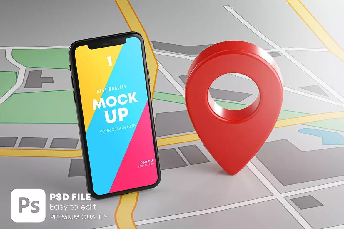 红色GPS标记定位地图元素智能手机样机素材包