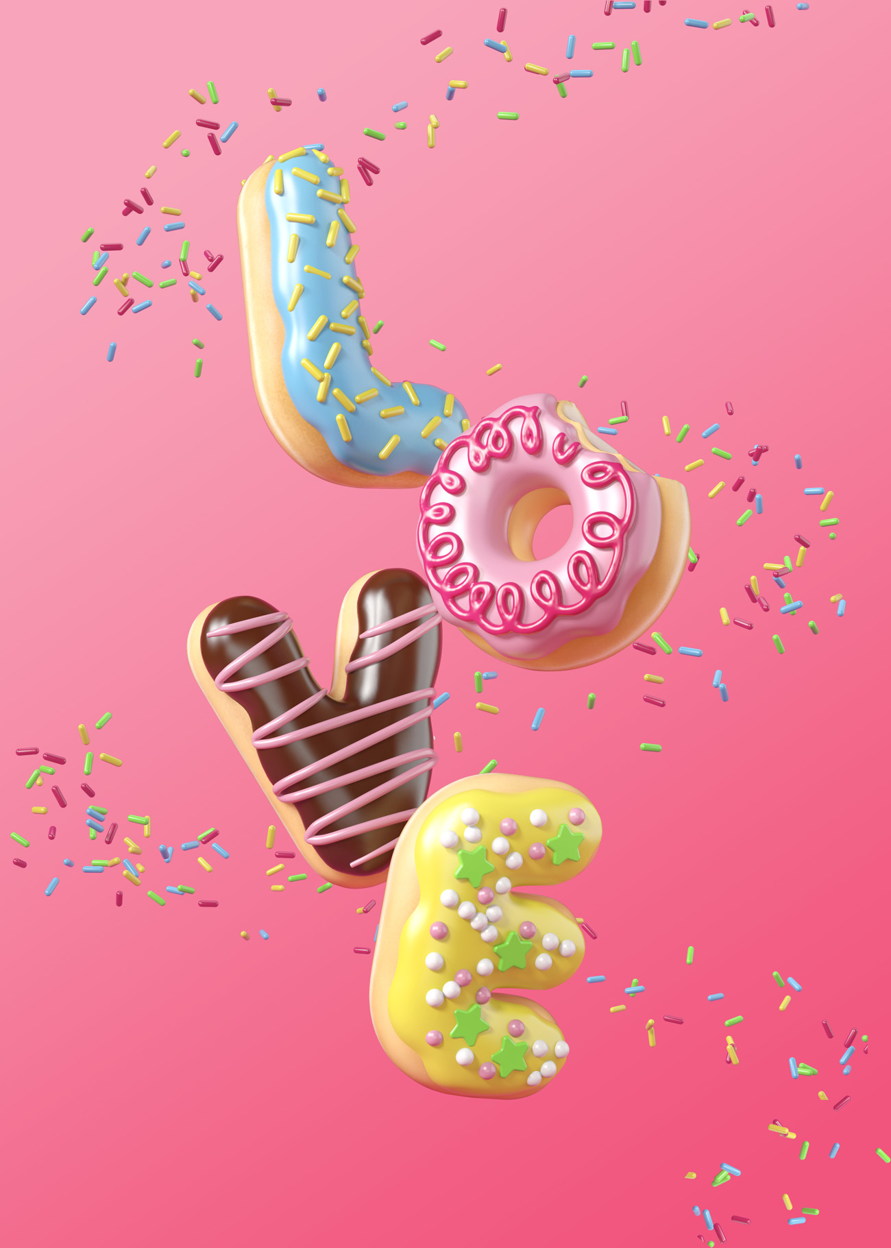 甜甜圈 甜蜜浪漫的情人节三维3D立体卡通文字特效PSD模板