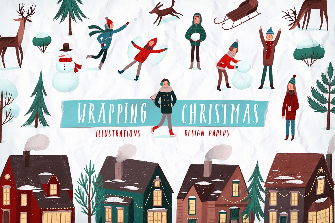 手绘房屋孩童圣诞节主题装饰图案素材 Wrapping Chr