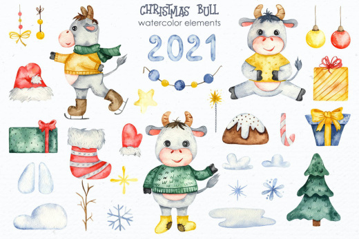 手绘水彩风格的新年圣诞节元素插画大集合-JPG，PNG，PS