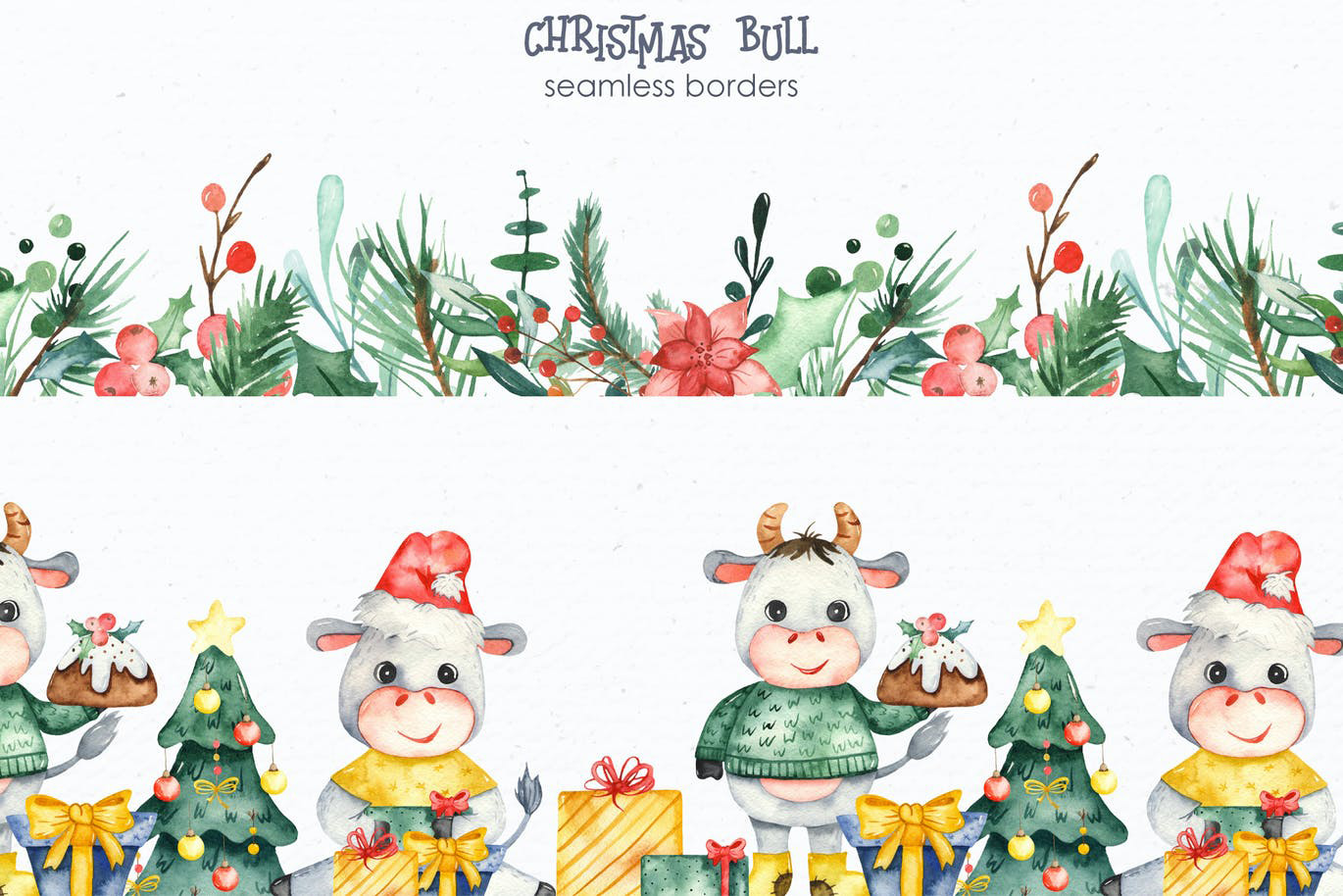 手绘水彩风格的新年圣诞节元素插画大集合-JPG，PNG，PS