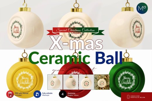 圣诞节陶瓷球节日装饰元素样机素材 Ceramic X-mas