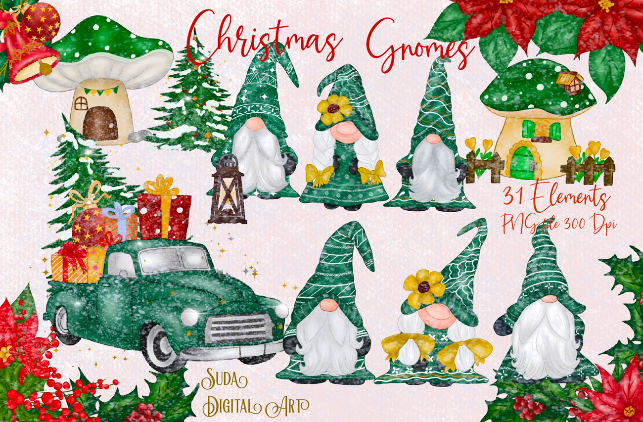 绿色侏儒圣诞老人新年节日手绘水彩剪贴画素材 Green Gn