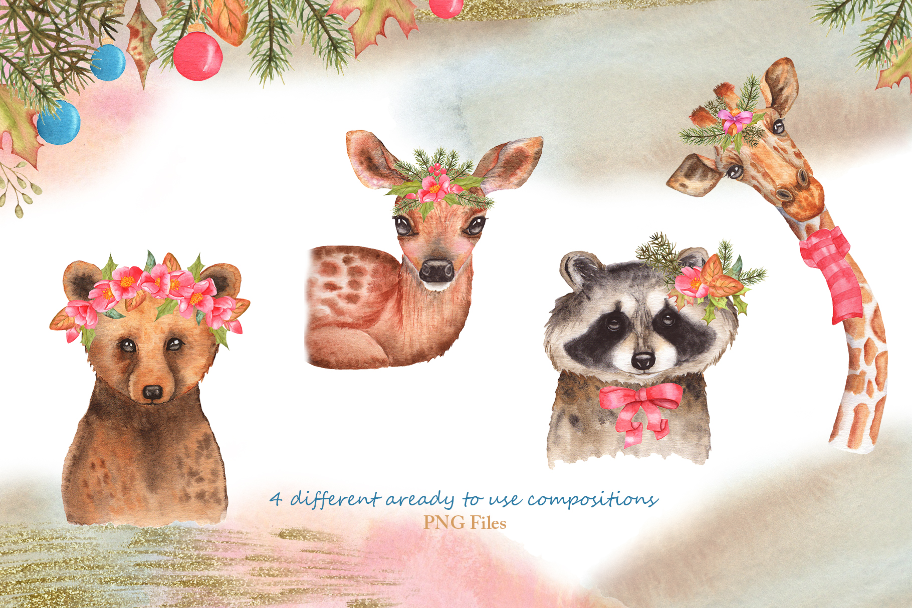 冬季动物圣诞节装饰元素水彩插图PNG素材 Winter Fr