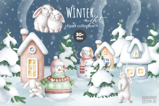 手绘水彩冬天夜晚可爱兔子房屋雪人圣诞节元素图案素材 Wint