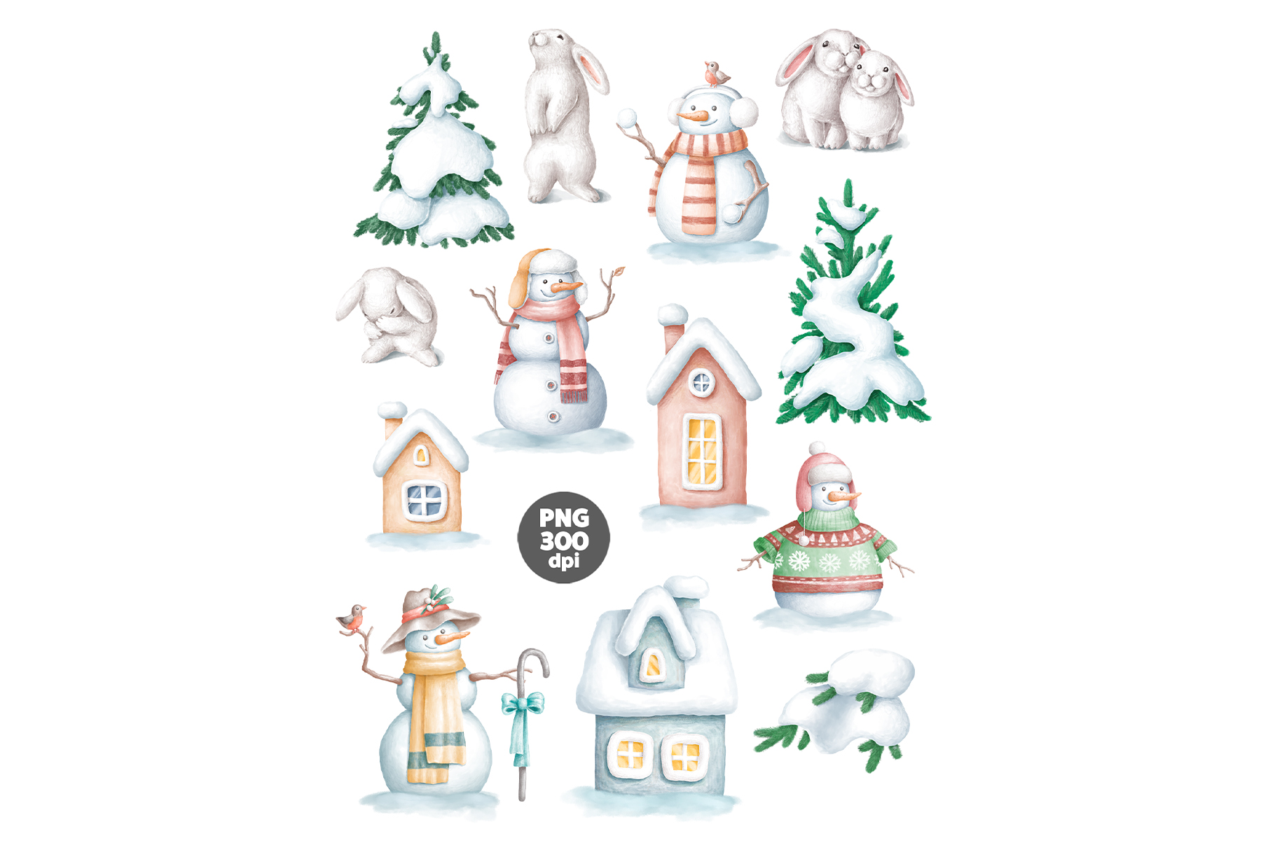 手绘水彩冬天夜晚可爱兔子房屋雪人圣诞节元素图案素材 Wint