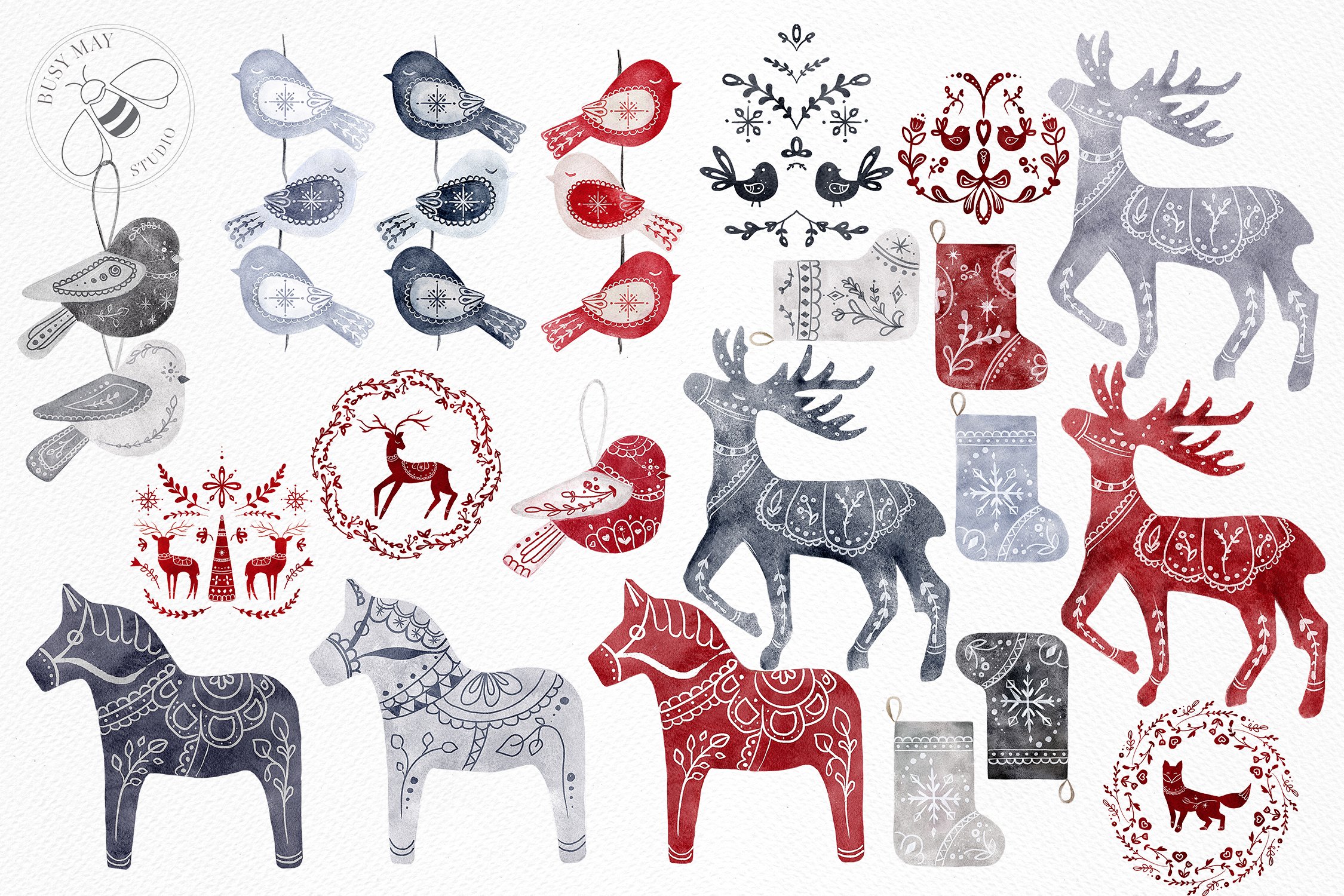 北欧圣诞节水彩剪贴画素材合辑 Nordic Christma