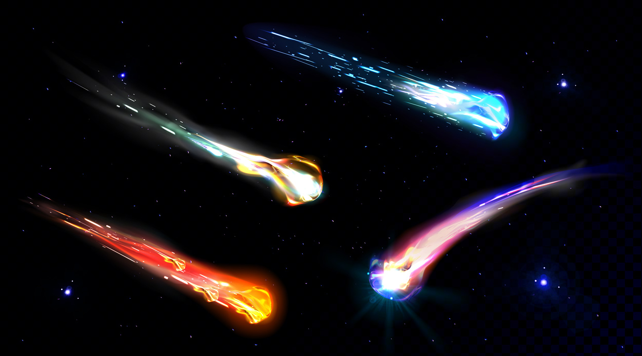 逼真的坠落的流星陨石彗星 发光的小行星 飞行的火球游戏矢量装