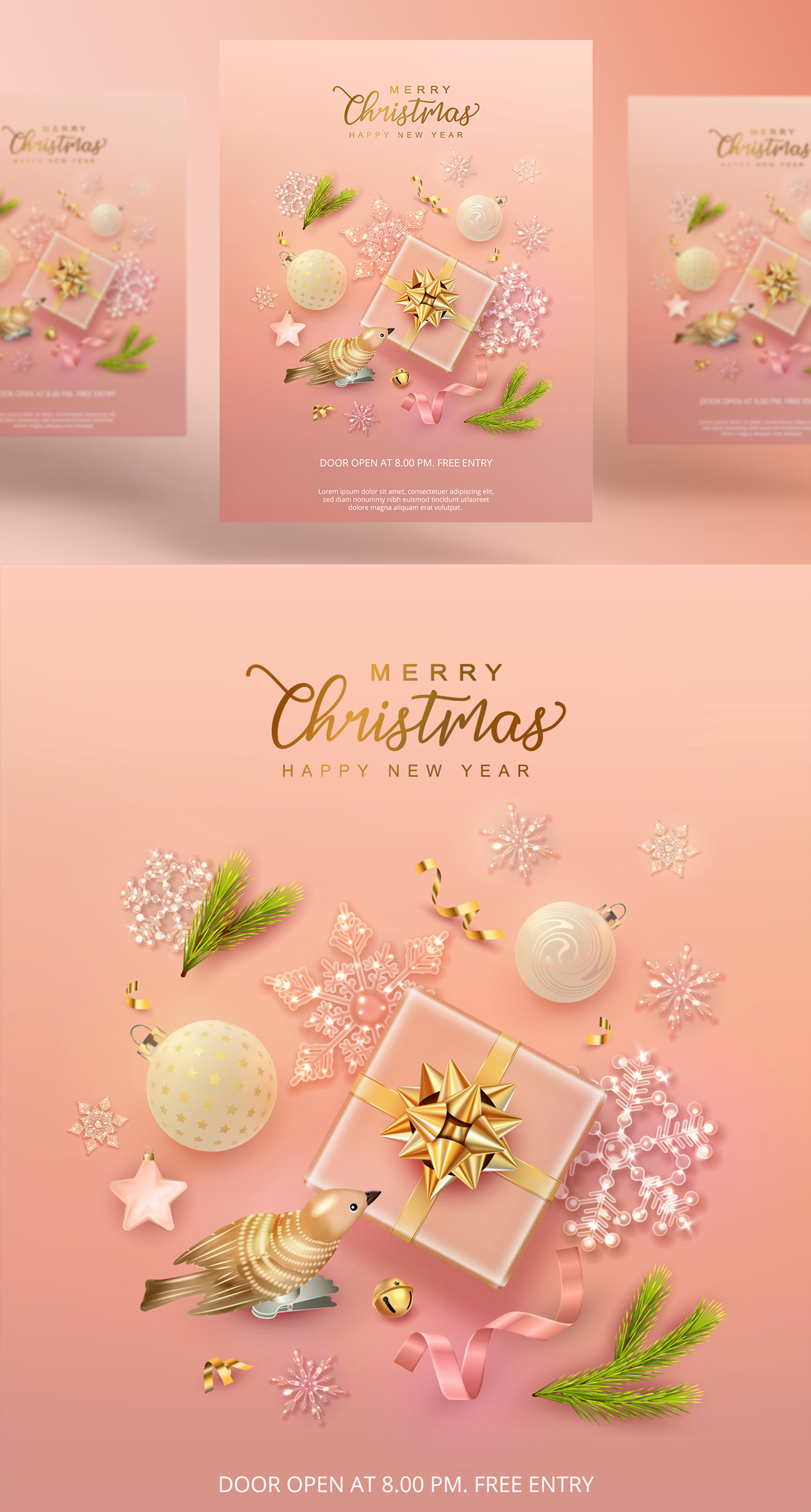 粉色金色系列圣诞节装饰新年促销海报EPS矢量模板素材