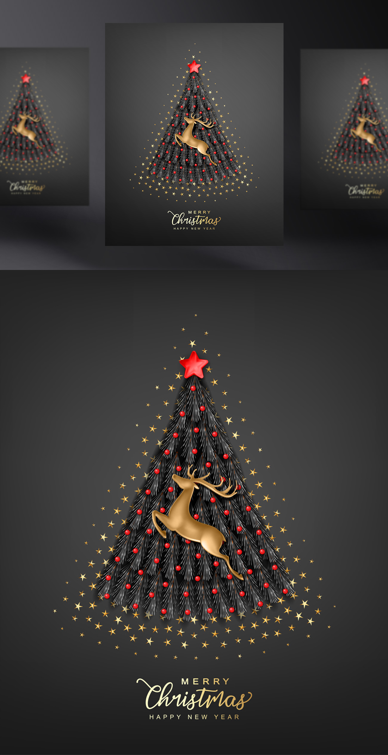 黑金风格圣诞树形状概念圣诞节新年装饰贺卡EPS矢量海报素材