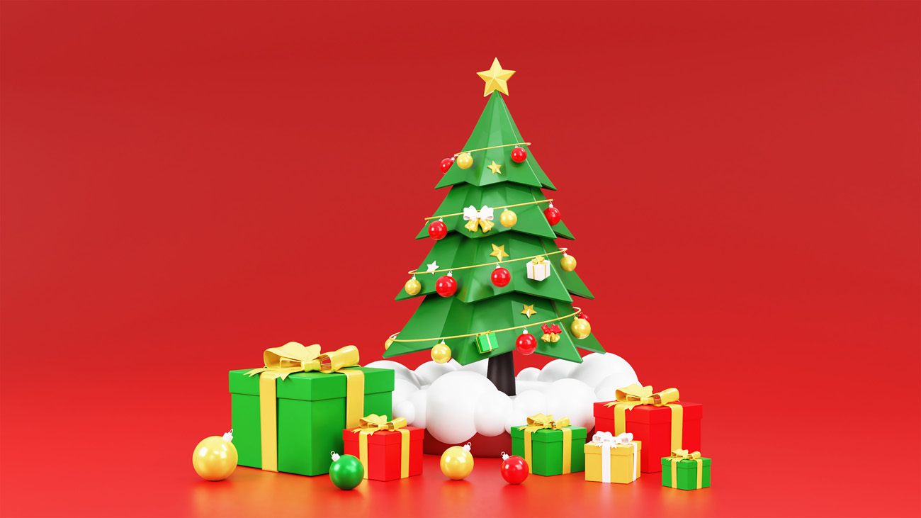 红色圣诞树新年礼物圣诞节装饰元素3D渲染合成高清背景 3d