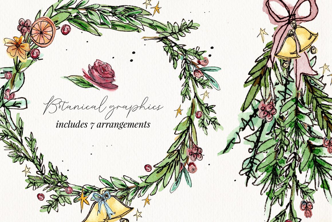 水彩手绘冬季花卉植物花环圣诞婚礼装饰元素 Ink &