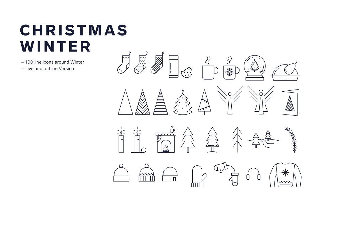 圣诞节冬季简笔线稿图标插画图案素材 Christmas Wi