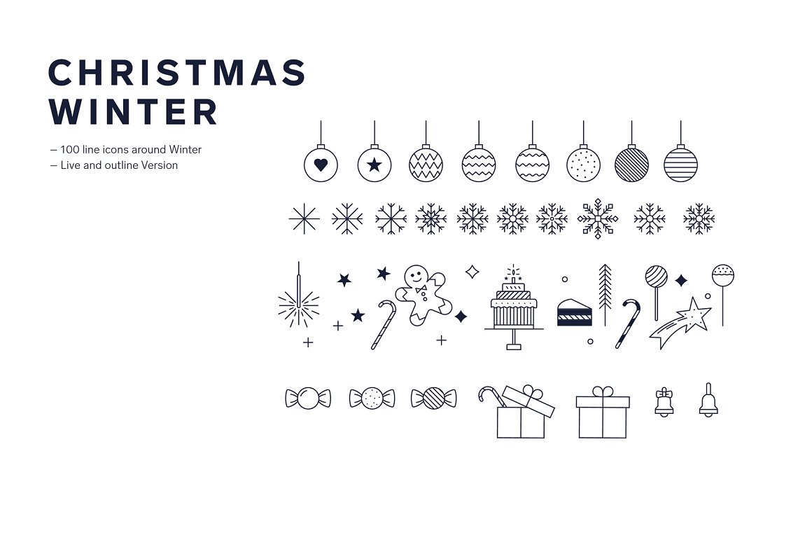 圣诞节冬季简笔线稿图标插画图案素材 Christmas Wi