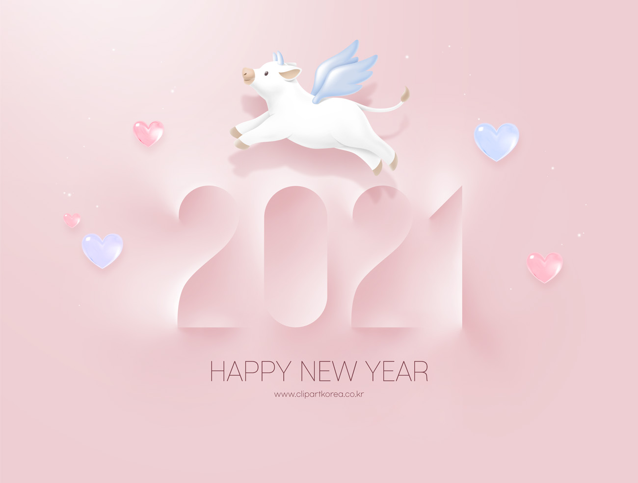 2021年粉色翅膀高端辛丑年牛年新年快乐3D渲染元素海报PS