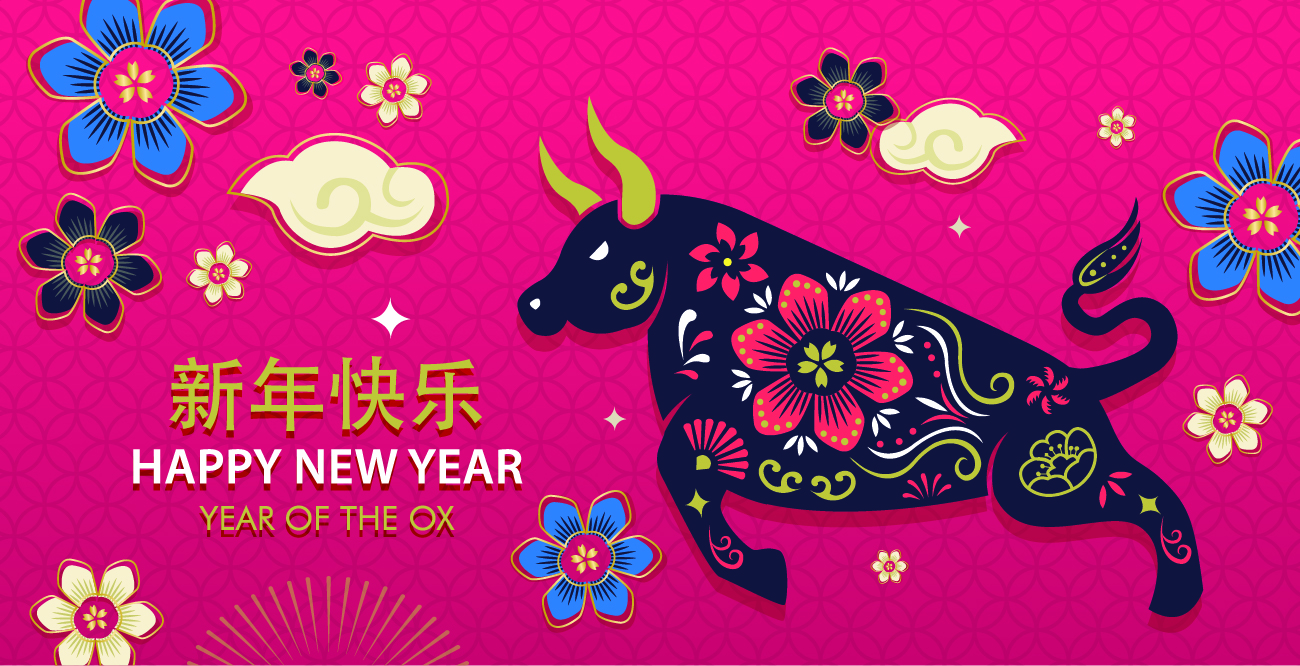 2021中国牛年生肖剪纸风格花朵簇拥新年快乐东方传统风格海报
