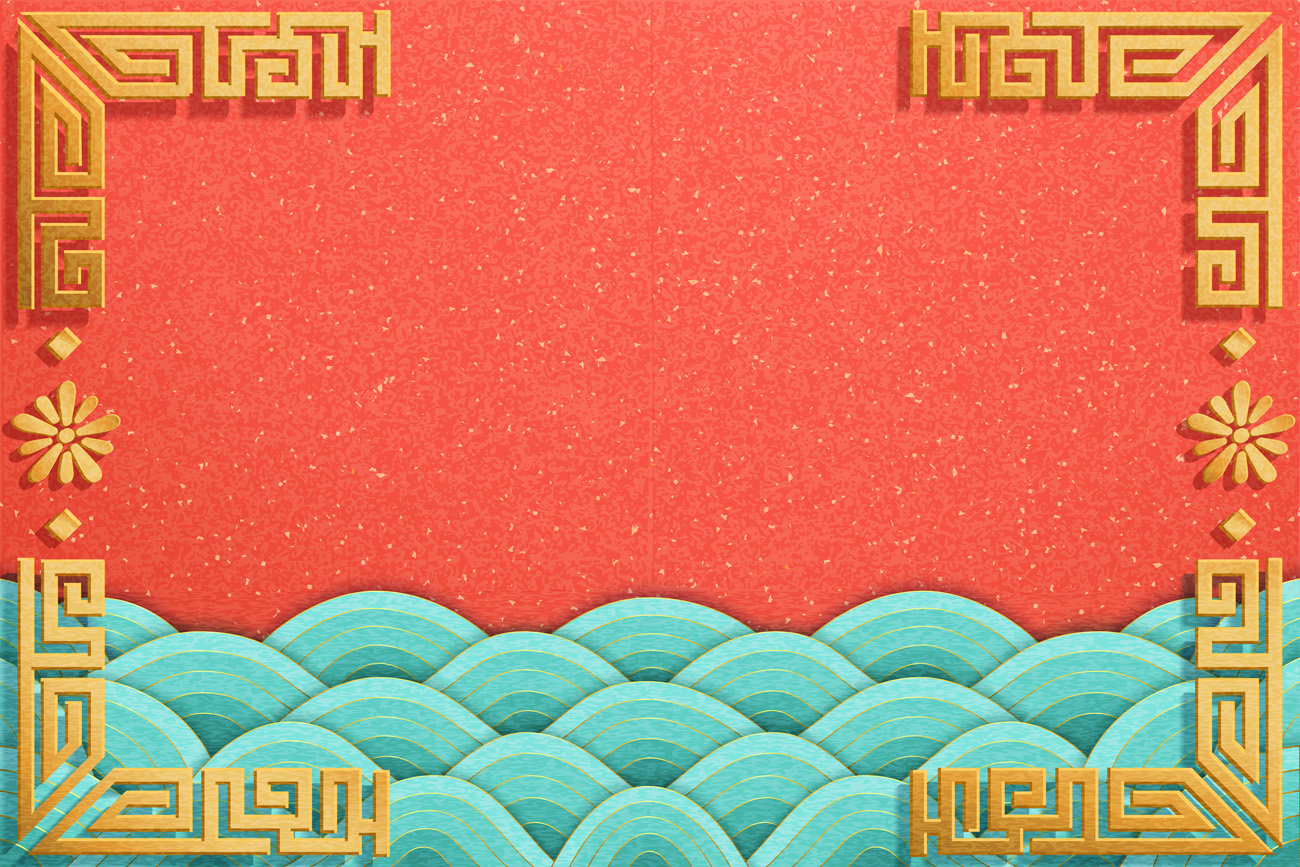 橙色背景上的波浪潮中国风元素新年传统横幅海报矢量素材
