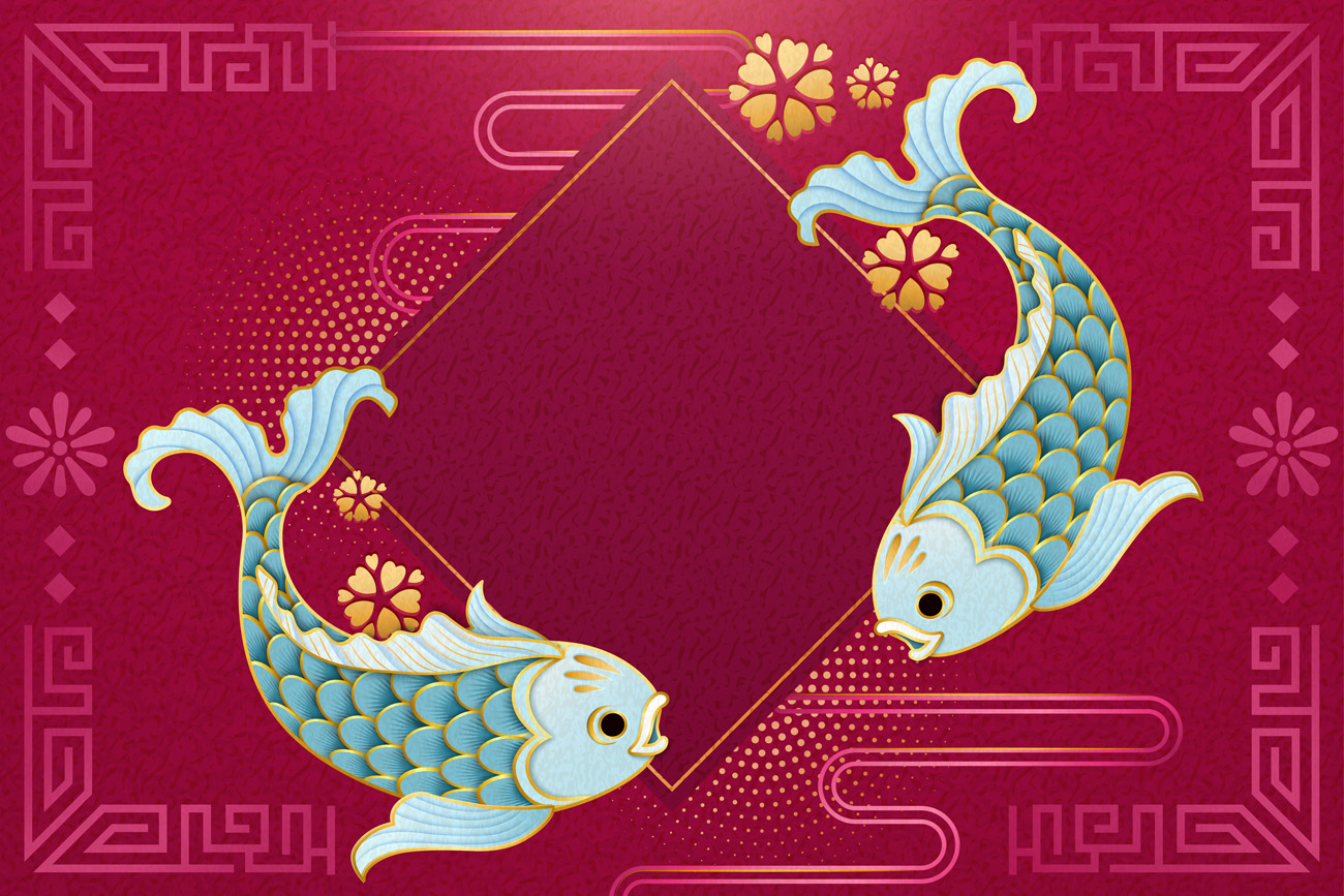 可爱的浅蓝色鱼在纸艺术风格与空白的春联中国风元素新年传统横幅